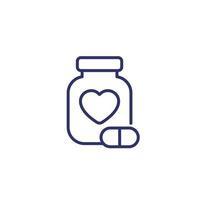 Bottle of pills for heart line icon vector