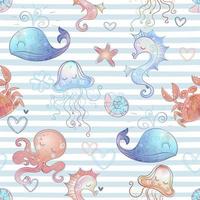 Seamless pattern with many cute sea animals on striped background. vector