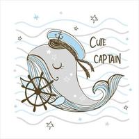 Funny cute whale captain with the wheel. vector