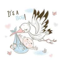 A stork carries a baby boy. Birthday card
