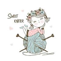 Cute little knitter with a huge skein of yarn. vector