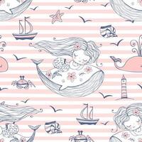 Seamless pattern with cute mermaids sleeping on whales vector