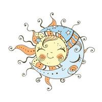 Sun and moon doodle style for children's theme. vector