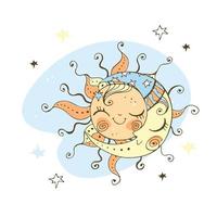 Sun and moon doodle style for children's theme. vector