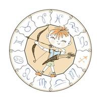 Children's zodiac. Sagittarius sign. Boy with a bow vector