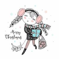 Girl with gifts and dog home for Christmas. vector