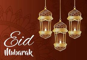 Eid Mubarak celebration banner with lamps hanging vector