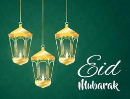 Eid Mubarak celebration banner with lamps hanging vector