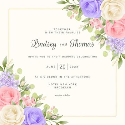 Floral Wedding Card Template with Roses and Frame