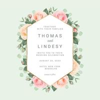 Blush Roses with Gold Geometric Frame Wedding Card vector