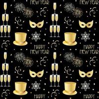 New years pattern with champagne fireworks and snowflakes vector