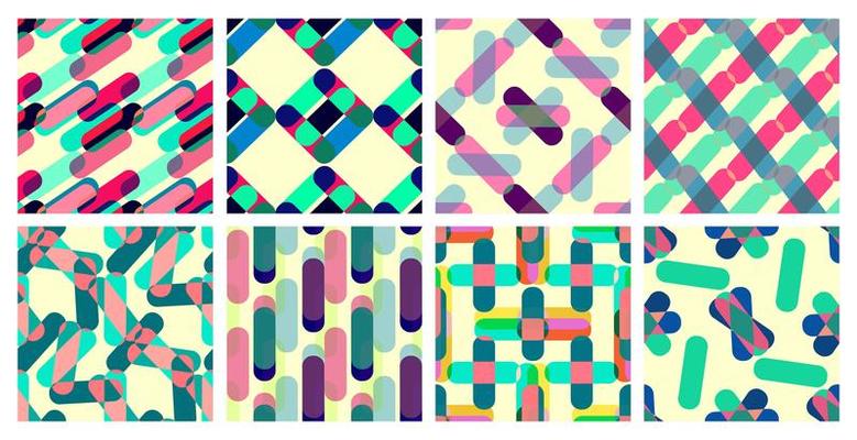 Collection of abstract bright geometric seamless patterns