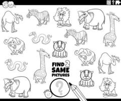 Find two same animal characters color book game vector