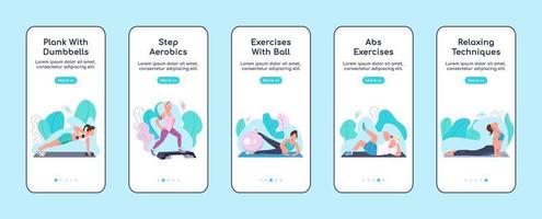 Fitness exercises onboarding mobile app screens vector