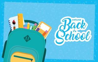 cartel de regreso a la escuela con mochila y útiles vector