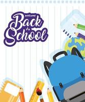 cartel de regreso a la escuela con mochila y útiles vector