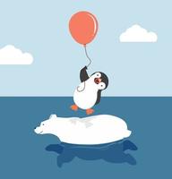 Cute polar bear swimming with penguin  holding balloon vector