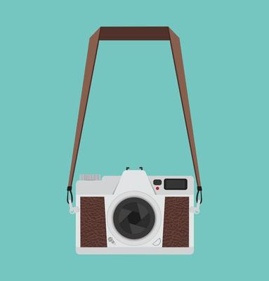 Flat style vintage camera hanging on a green background