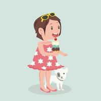 Girl eat ice cream cone with dog vector