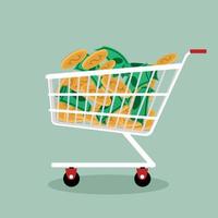 Money and coins in shopping cart vector