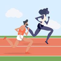 Hombre y mujer atractiva corriendo en hipódromo vector