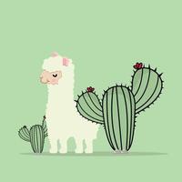 Cute lama alpaca with cactus vector