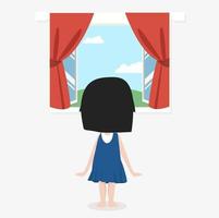 little girl standing back with open window with a landscape view vector