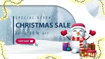Discount banner in paper cut style with snowman