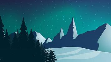 paisaje nocturno de invierno con bosque y montañas vector