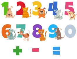 Numbers set with happy cats and dogs vector
