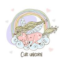 Cute unicorn with wings sleeps on a cloud vector