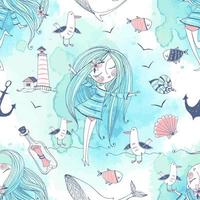 Sea theme with a girl, whales and seagulls