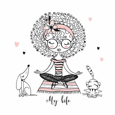 Cute girl with curls sitting in Lotus position