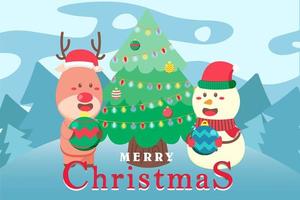 Merry Christmas Background with deer and snowman vector