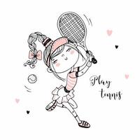 Cute girl playing tennis. vector