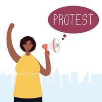 mujer con mascarilla y megáfono protestando vector