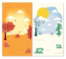 Cute seasons scene card background set vector