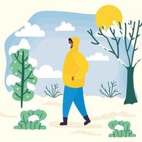 Man with face mask in a cold weather landscape vector