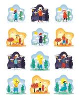 People outdoors in different season scenes vector