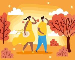 Couple with face masks in an autumn landscape vector