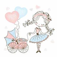 Cute little girl with a toy baby stroller vector