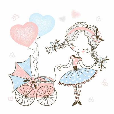 Cute little girl with a toy baby stroller