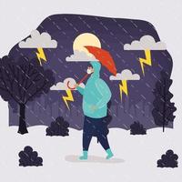 Man with face mask in rainy weather landscape vector