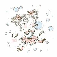 Cute little girl blowing soap bubbles. vector