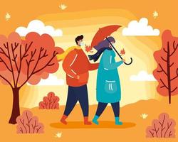 Young couple with face masks in an autumn scene vector