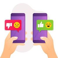 Feedback concept hand holding smartphone with like dislike message vector