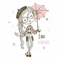 Cute girl with umbrella walking vector