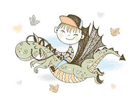 A little boy flying on a fairy-tale dragon vector