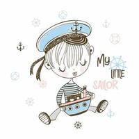 Little sailor boy in cap with toy boat vector