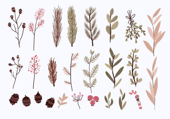 Christmas plants decor elements set